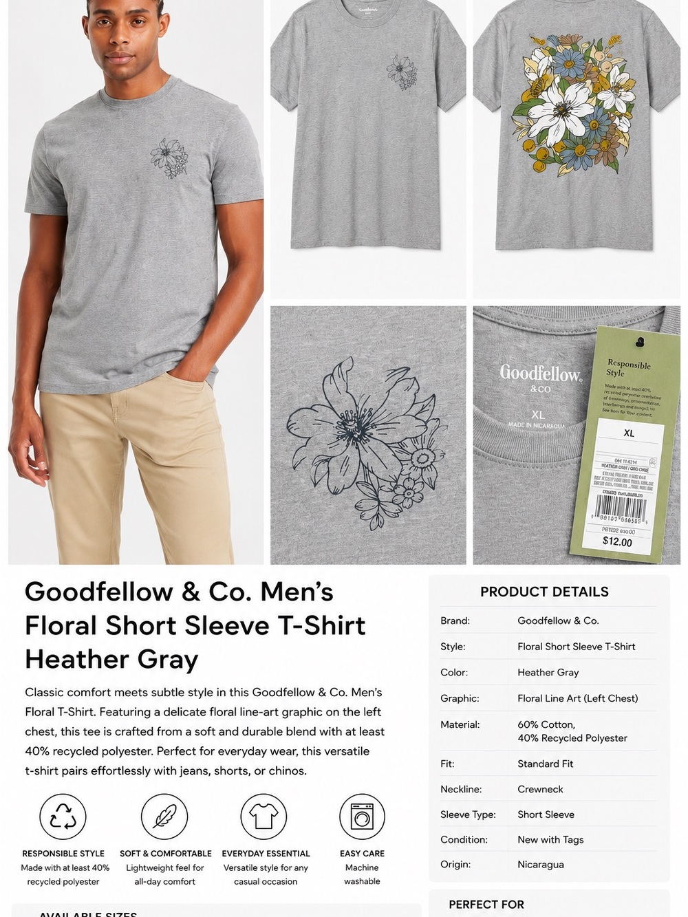 Goodfellow & Co Heather Gray Short Sleeve Tee with Floral Chest Graphic